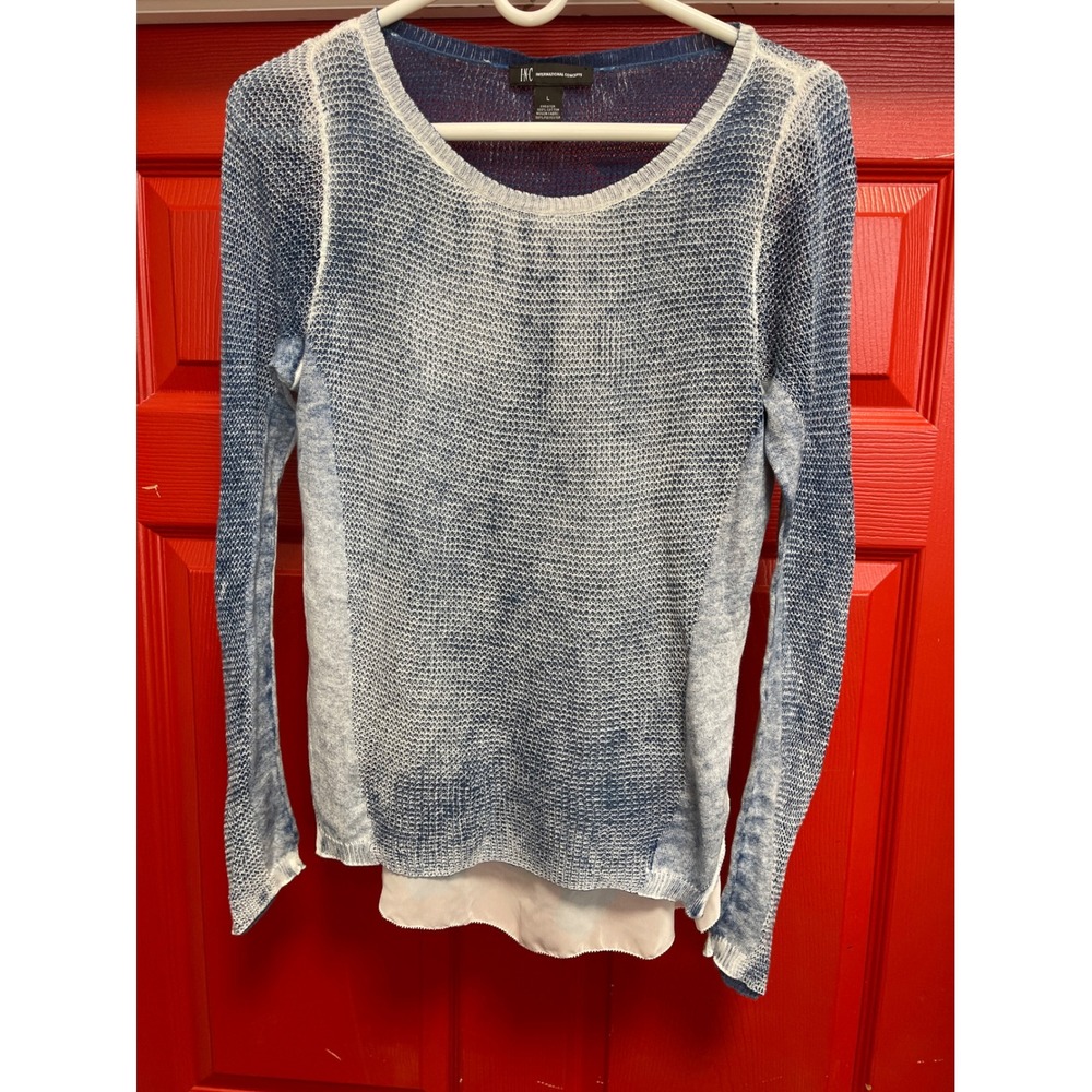 INC International Concepts Blue Acid Wash Mixed Media Knit Sweater Large